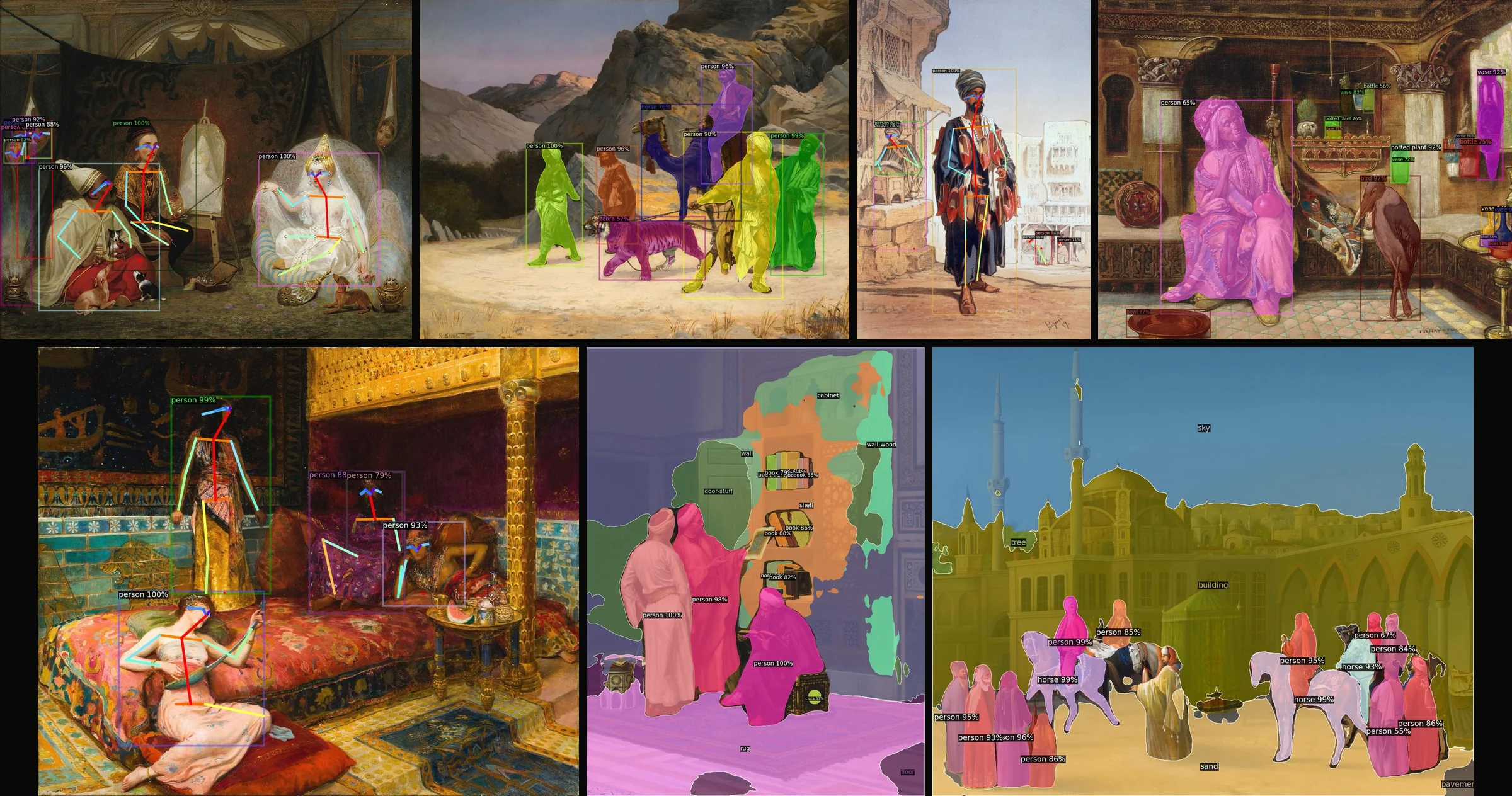 Seven segmentation tests with coloured masks over figures and objects in genre paintings