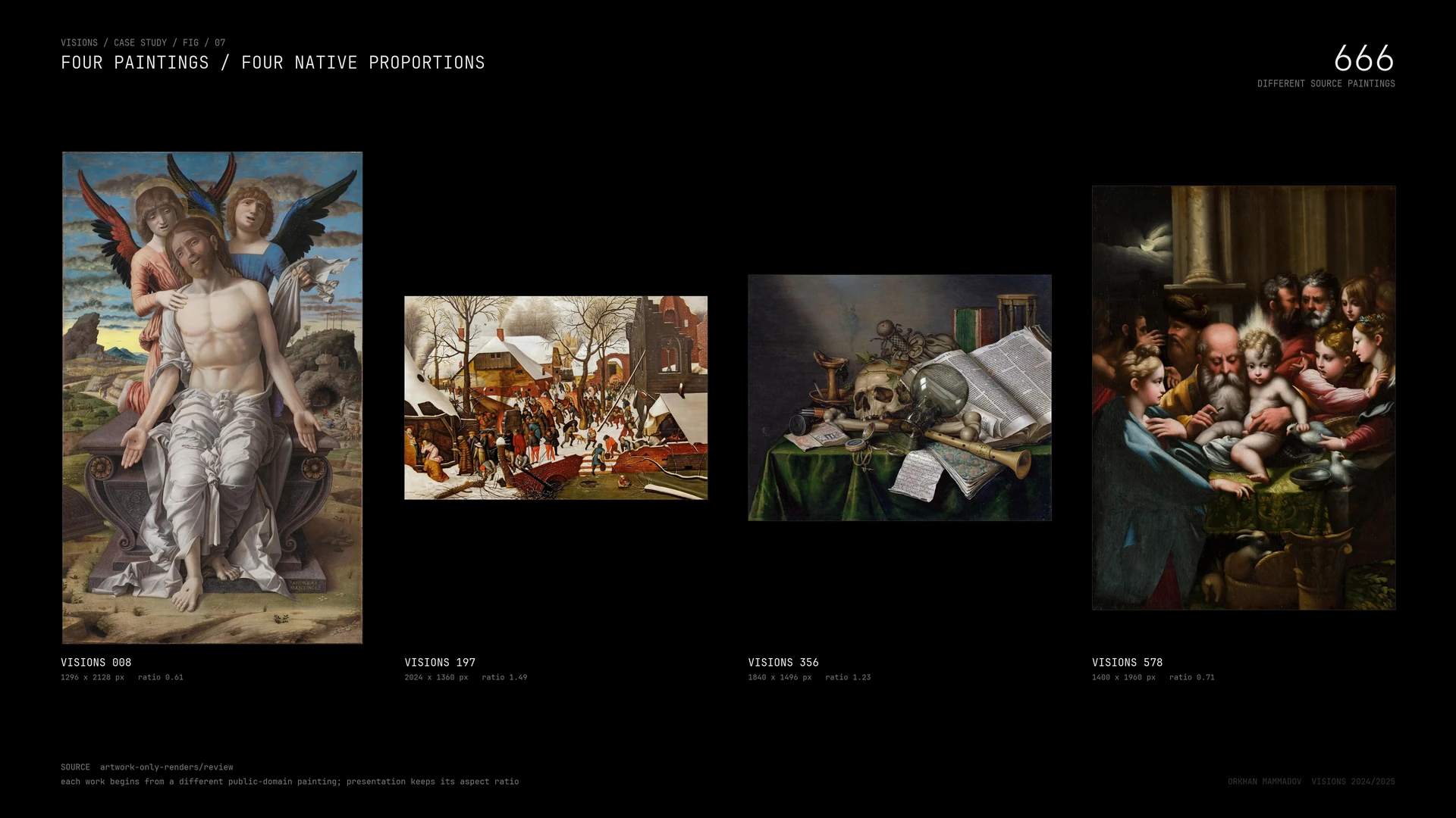 Four public-domain paintings with portrait and landscape proportions